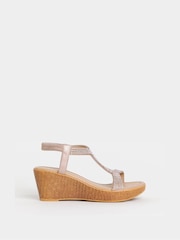 JD Williams Gold Sparkly T Bar Pattern Wedge Sandals - Image 3 of 4