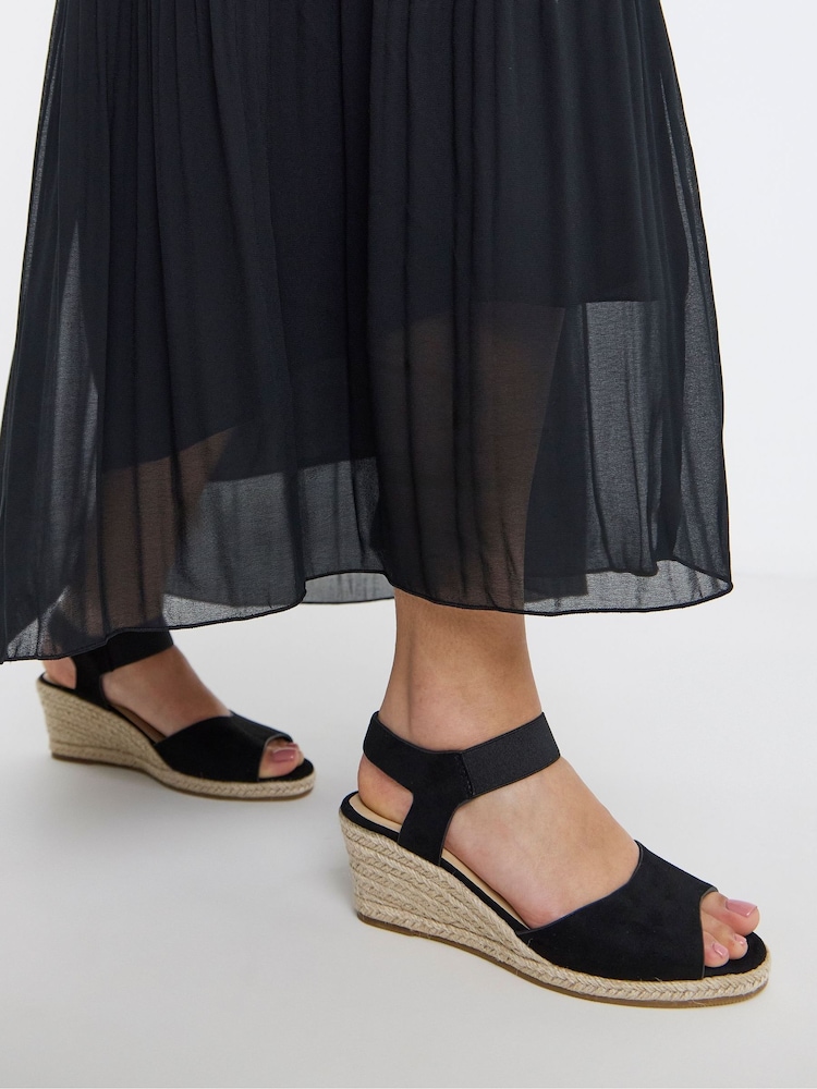 JD Williams Black Stretch Two Part Espadrille Wedge Sandals - Image 1 of 4 JD Williams Black Stretch Two Part Espadrille Wedge Sandals - Image 1 of 4