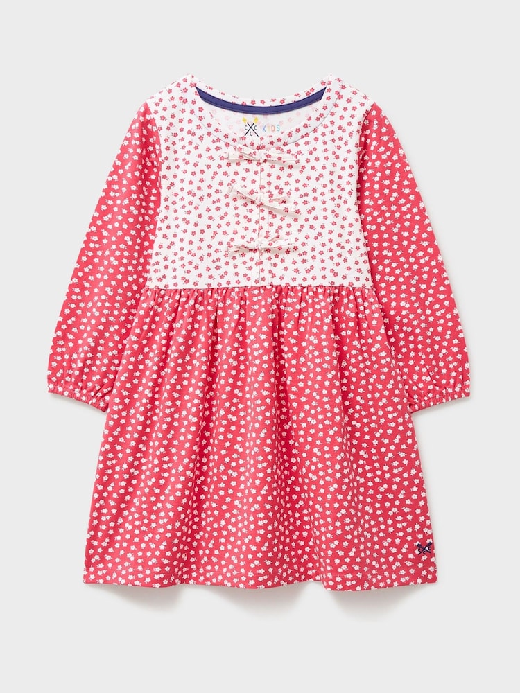 Crew Clothing Pink Floral Printed Bow Detailed Jersey Dress - Image 1 of 3