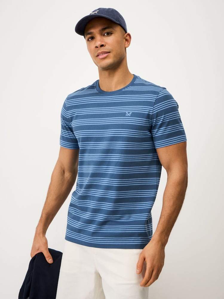 Crew Clothing Blue Cotton Four-Stripe T-Shirt - Image 1 of 5 Crew Clothing Blue Cotton Four-Stripe T-Shirt - Image 1 of 5