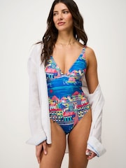 Crew Clothing Aqua Blue Print Panelled Swimsuit - Image 1 of 5