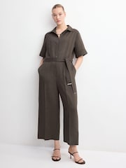 Mango Brown Collared Belted Jumpsuit With Linen - Image 1 of 13