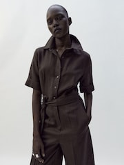 Mango Brown Collared Belted Jumpsuit With Linen - Image 12 of 13