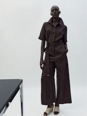 Mango Brown Collared Belted Jumpsuit With Linen - Image 13 of 13