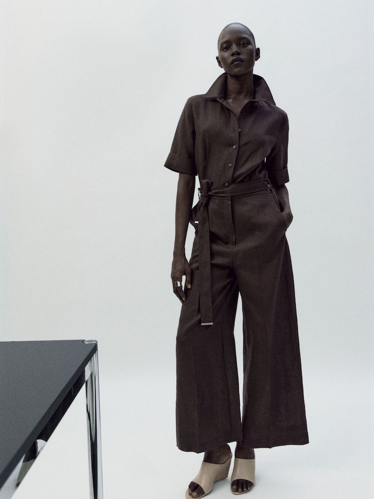 Mango Brown Collared Belted Jumpsuit With Linen - Image 13 of 13