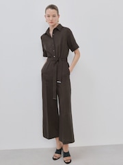 Mango Brown Collared Belted Jumpsuit With Linen - Image 2 of 13