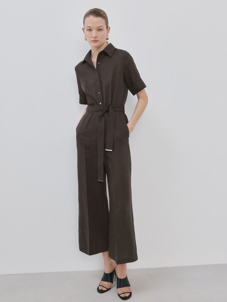 Mango Brown Collared Belted Jumpsuit With Linen - Image 2 of 13