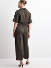 Mango Brown Collared Belted Jumpsuit With Linen - Image 3 of 13