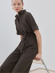 Mango Brown Collared Belted Jumpsuit With Linen - Image 6 of 13
