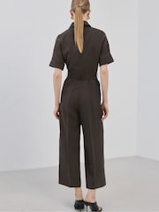 Mango Brown Collared Belted Jumpsuit With Linen - Image 8 of 13