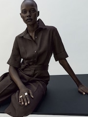 Mango Brown Collared Belted Jumpsuit With Linen - Image 9 of 13