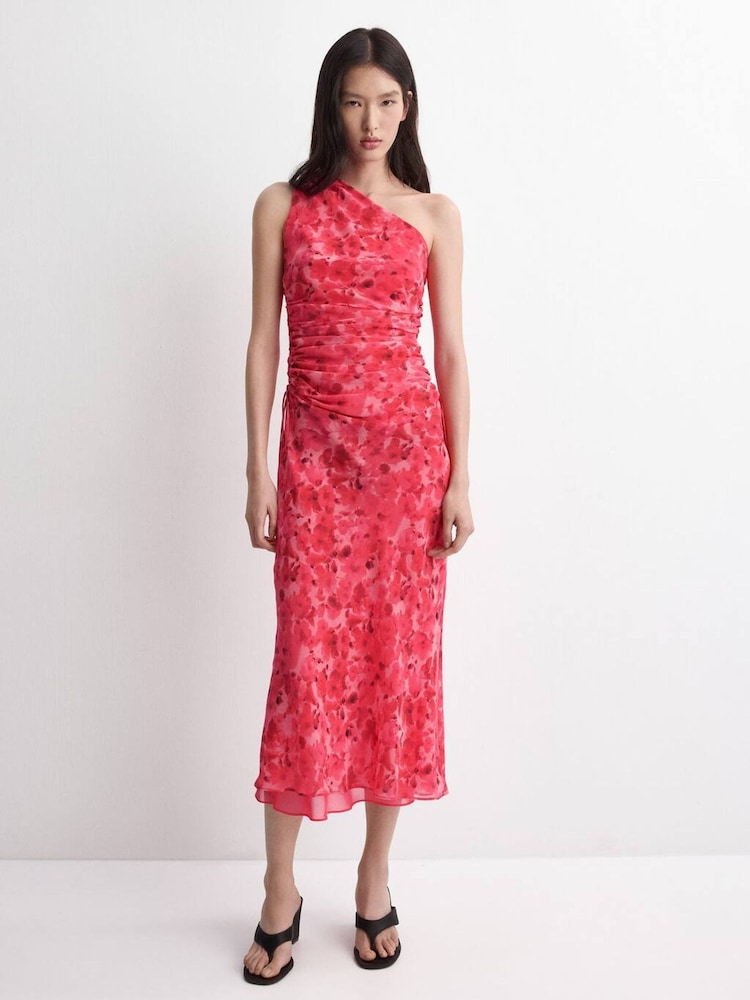 Mango Red One Shoulder Ruched Midi Dress - Image 1 of 5