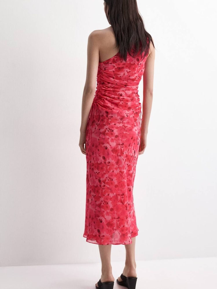 Mango Red One Shoulder Ruched Midi Dress - Image 2 of 5