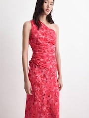 Mango Red One Shoulder Ruched Midi Dress - Image 3 of 5