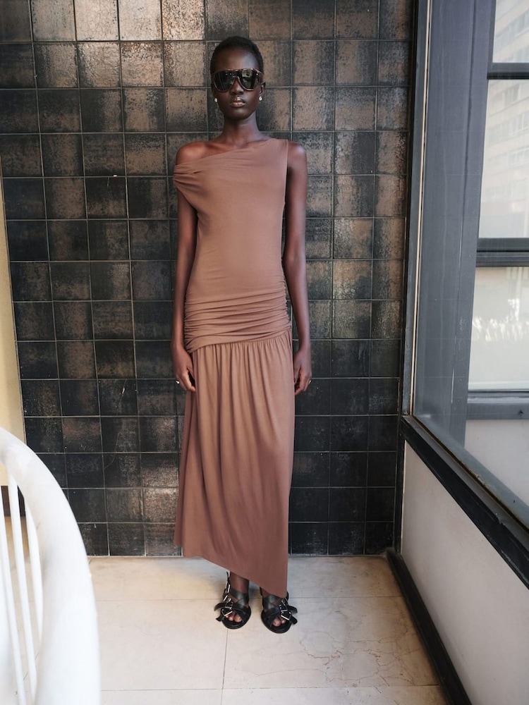 Mango Brown Fallen Shoulder Drop Waist Maxi Dress - Image 1 of 6