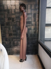 Mango Brown Fallen Shoulder Drop Waist Maxi Dress - Image 2 of 6