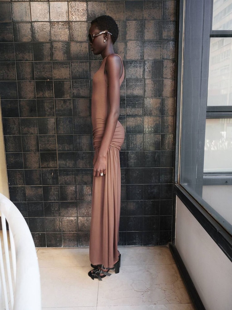 Mango Brown Fallen Shoulder Drop Waist Maxi Dress - Image 2 of 6