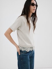 Mango Grey Lace Hem Short Sleeve Knitted Top - Image 1 of 5