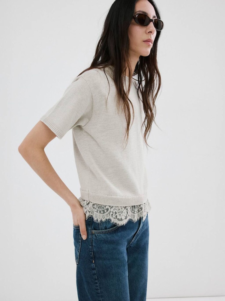 Mango Grey Lace Hem Short Sleeve Knitted Top - Image 1 of 5