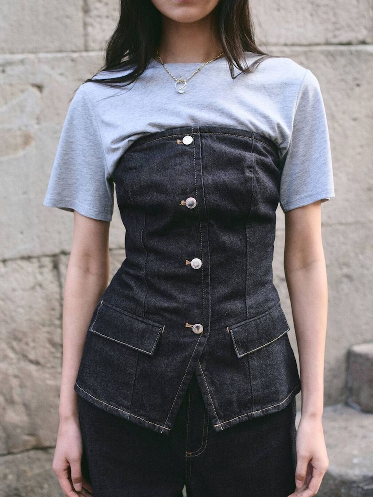 Mango Blue Strapless Bandeau Button Up Denim Top - Image 1 of 6