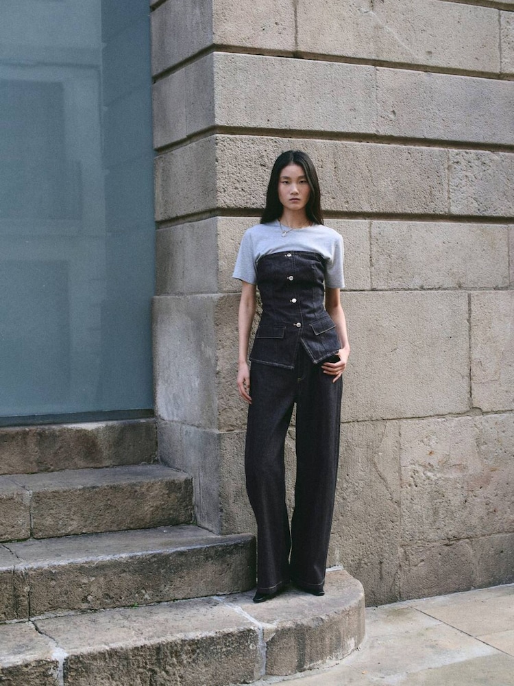 Mango Blue Strapless Bandeau Button Up Denim Top - Image 2 of 6