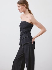 Mango Blue Strapless Bandeau Button Up Denim Top - Image 4 of 6