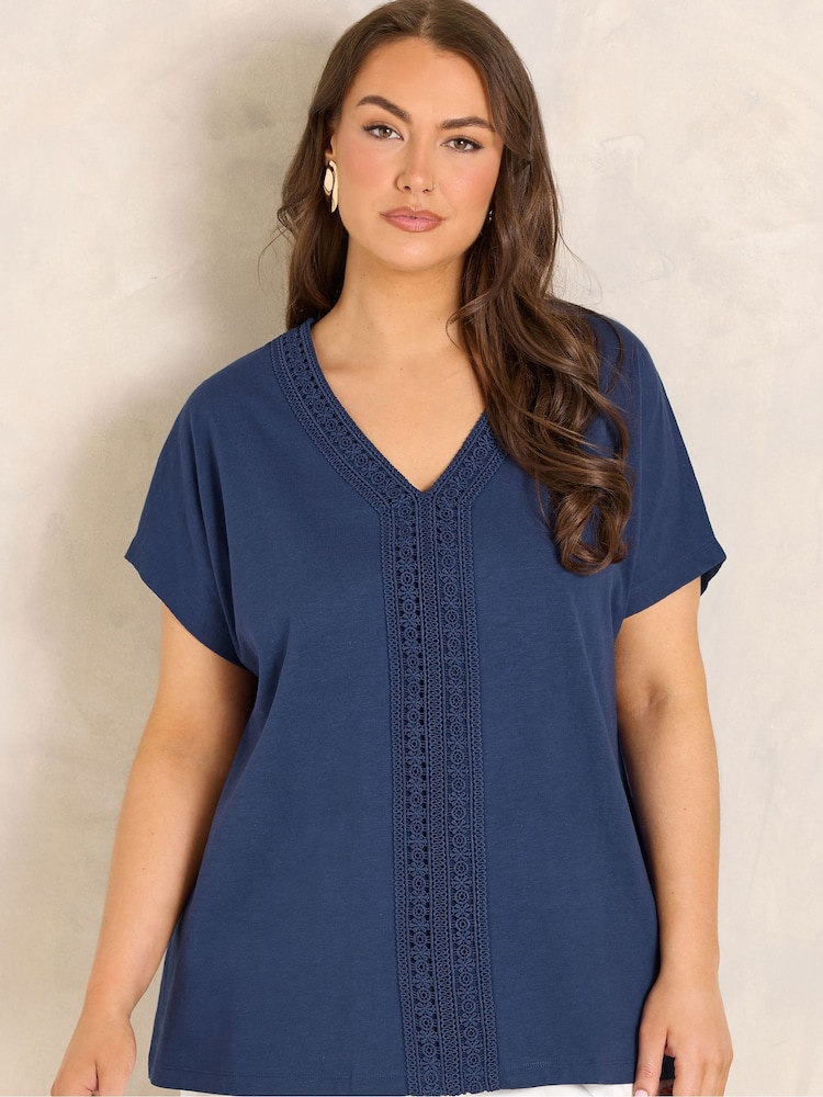 Evans Navy Blue Crochet Trim Top - Image 1 of 5 Evans Navy Blue Crochet Trim Top - Image 1 of 5