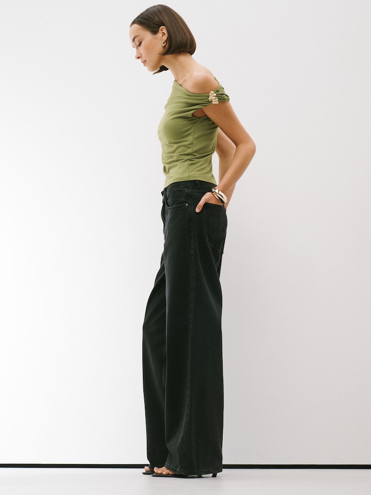 Sage Green Slinky Soft Touch Asymmetric Hardware Short Sleeve Top - Image 2 of 8 Sage Green Slinky Soft Touch Asymmetric Hardware Short Sleeve Top - Image 2 of 8