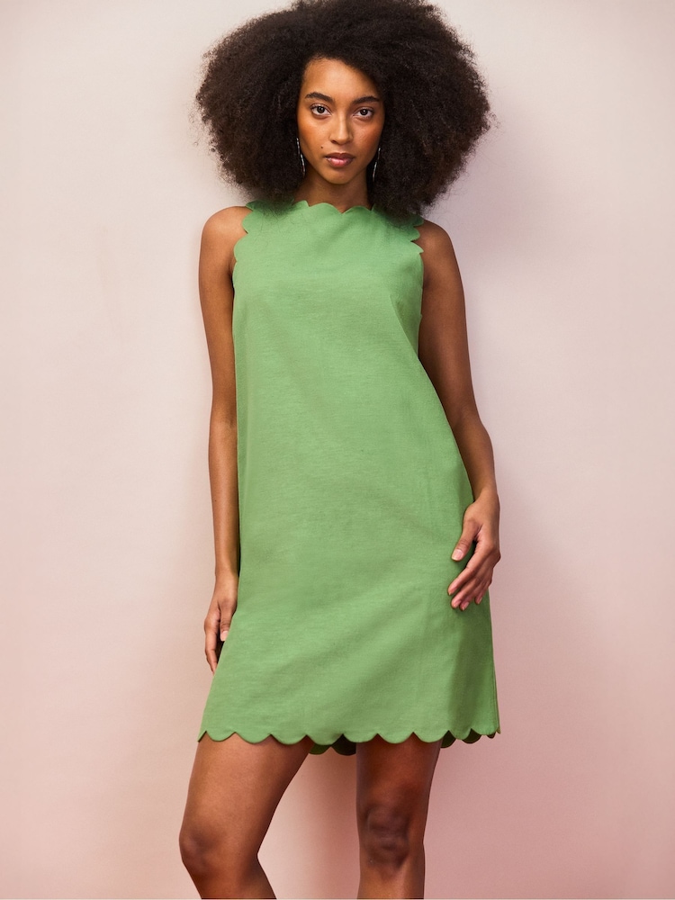 Ro&Zo Green Petite Scallop Edge Mini Dress With Linen - Image 1 of 3 Ro&Zo Green Petite Scallop Edge Mini Dress With Linen - Image 1 of 3