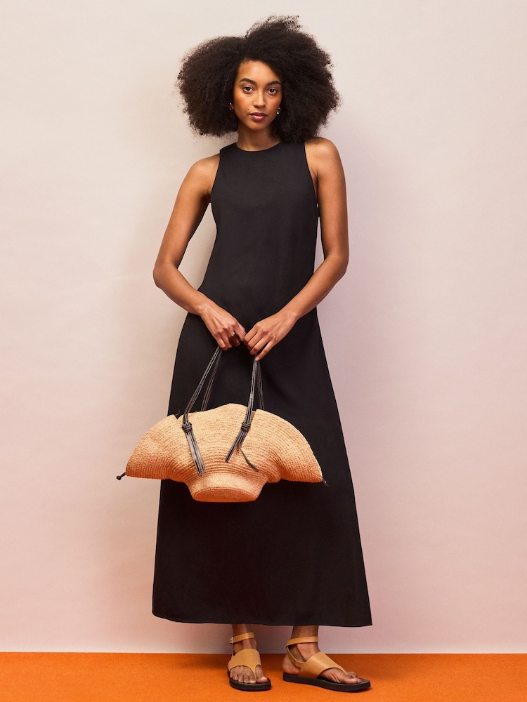 Ro&Zo Black Stripe Racer-Neck Tie Back Dress With Linen - Image 1 of 4 Ro&Zo Black Stripe Racer-Neck Tie Back Dress With Linen - Image 1 of 4