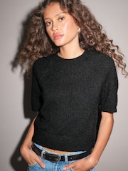 שחור - Knitted Short Sleeve Jumper - תמונה 1 מתוך 6