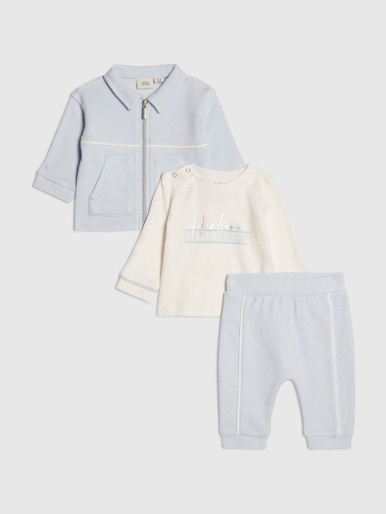 River Island Blue Jacquard Shacket & Joggers Set 3 Piece - Image 1 of 5 River Island Blue Jacquard Shacket & Joggers Set 3 Piece - Image 1 of 5