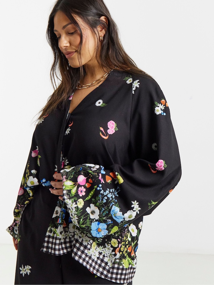 Simply Be Black Gingham Puff Sleeve Button Down Blouse - Image 1 of 4