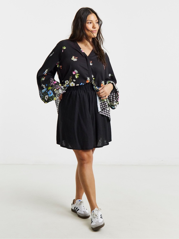 Simply Be Black Gingham Puff Sleeve Button Down Blouse - Image 4 of 4