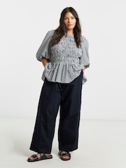Simply Be Black Tie Waist Cotton Poplin Barrel Leg Trousers - Image 1 of 4