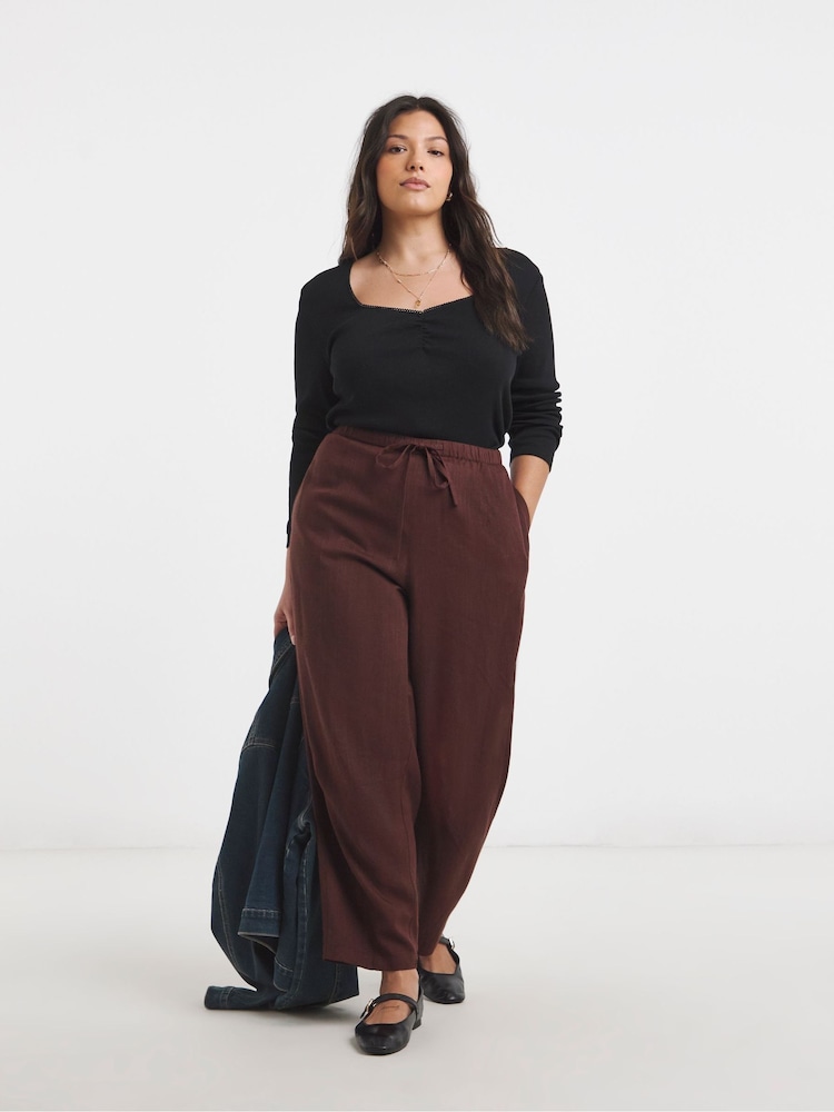 Simply Be Brown Tie Waist Linen Barrel Leg Trousers - Image 1 of 4