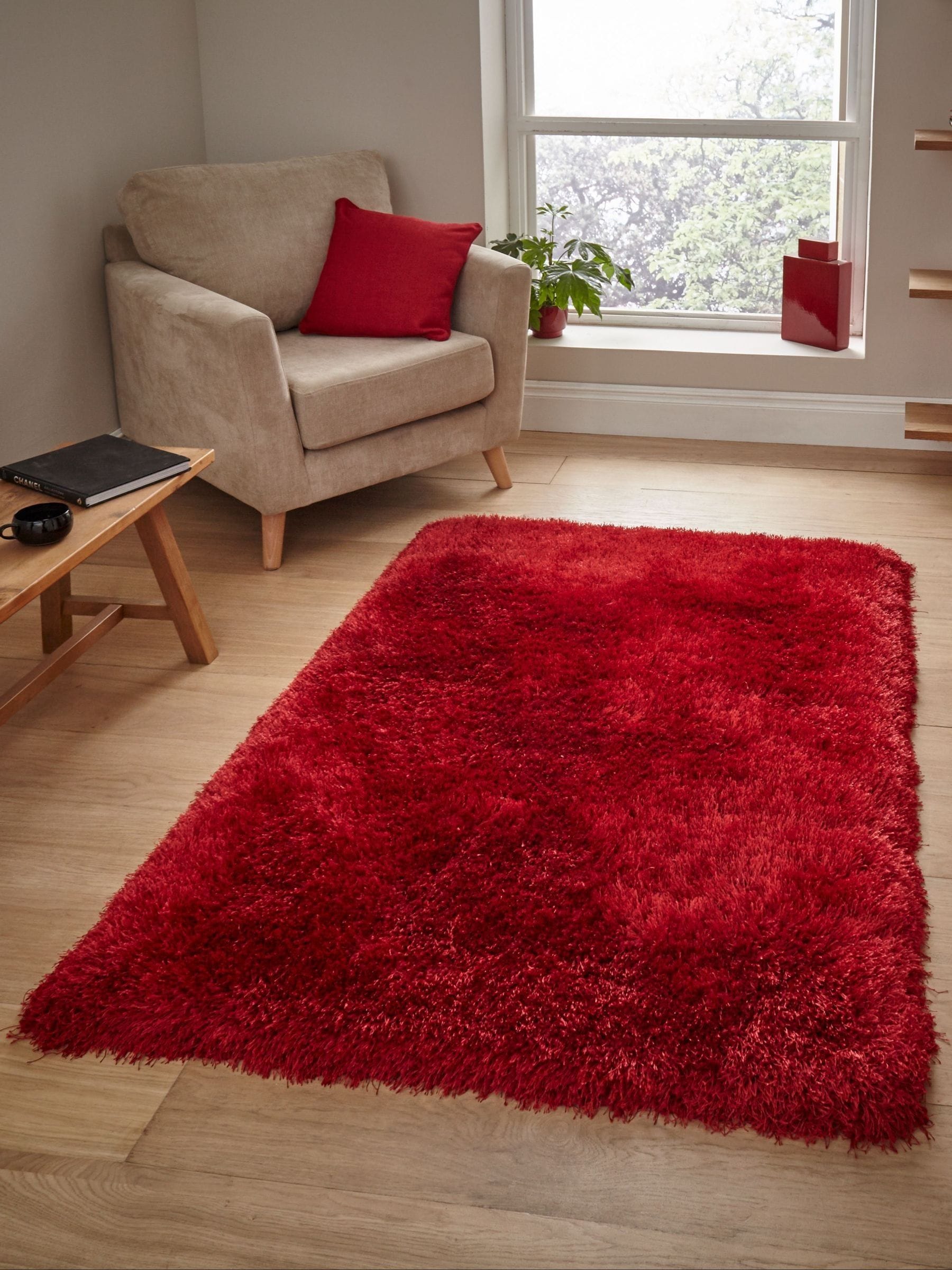 Think Rugs Unisex Red Montana Plain Shaggy Rug