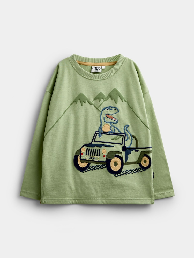 Jojo Maman Bébé Khaki Green Dino Appliqué Top - Image 2 of 5 Jojo Maman Bébé Khaki Green Dino Appliqué Top - Image 2 of 5