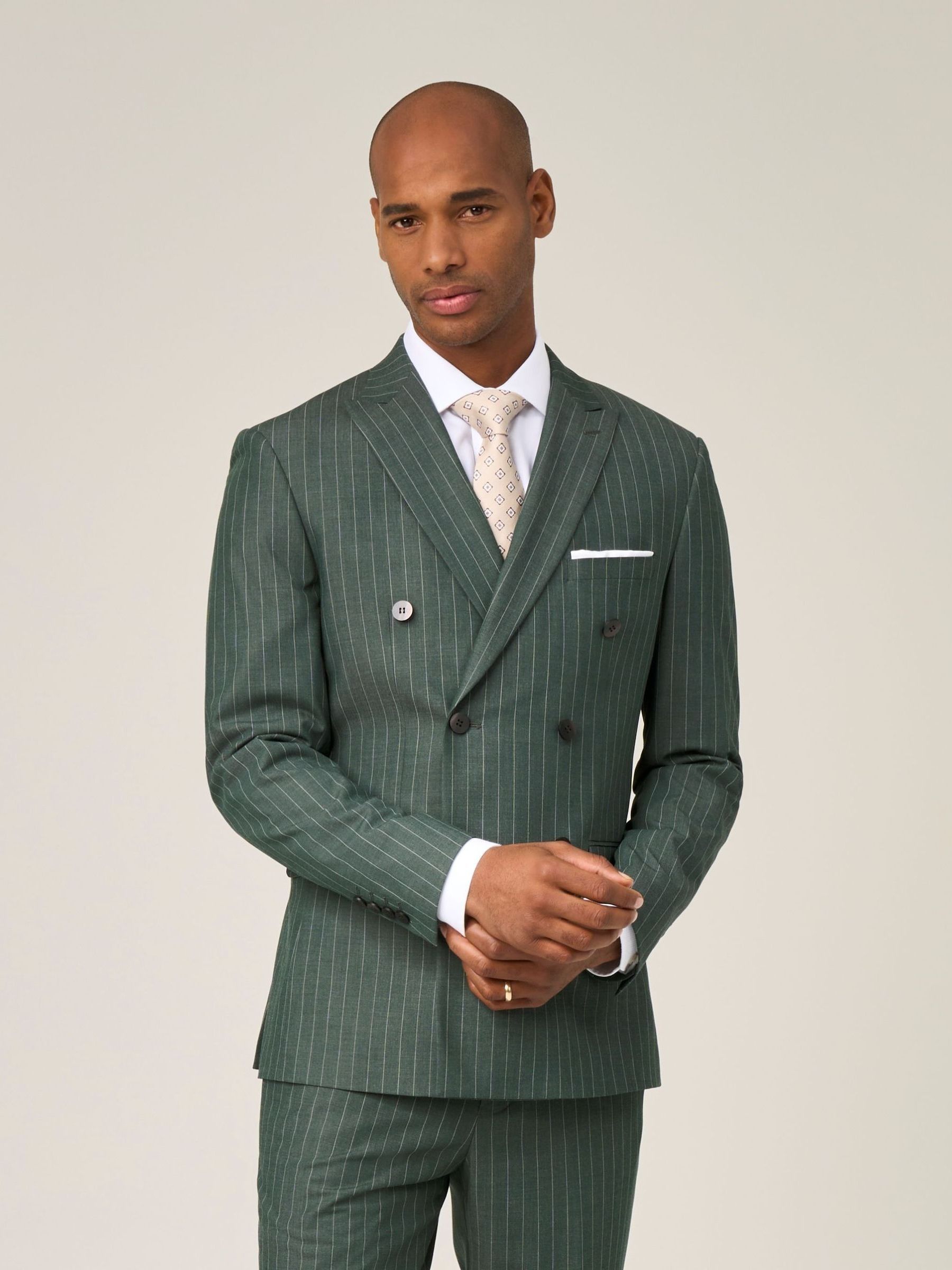 Buy Skopes Green Double Breasted Levins Tailored Fit Stripe Suit