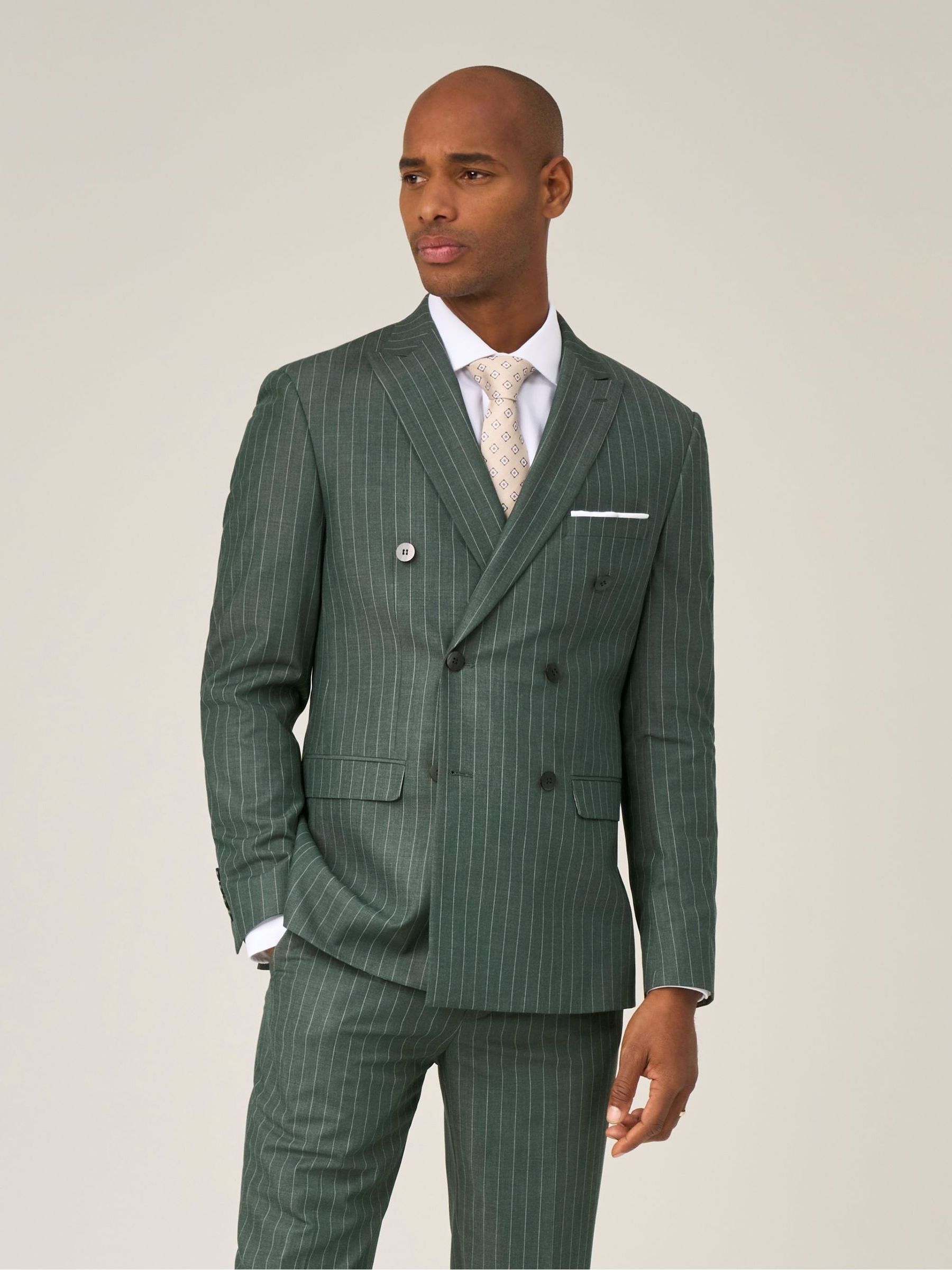 Buy Skopes Green Double Breasted Levins Tailored Fit Stripe Suit