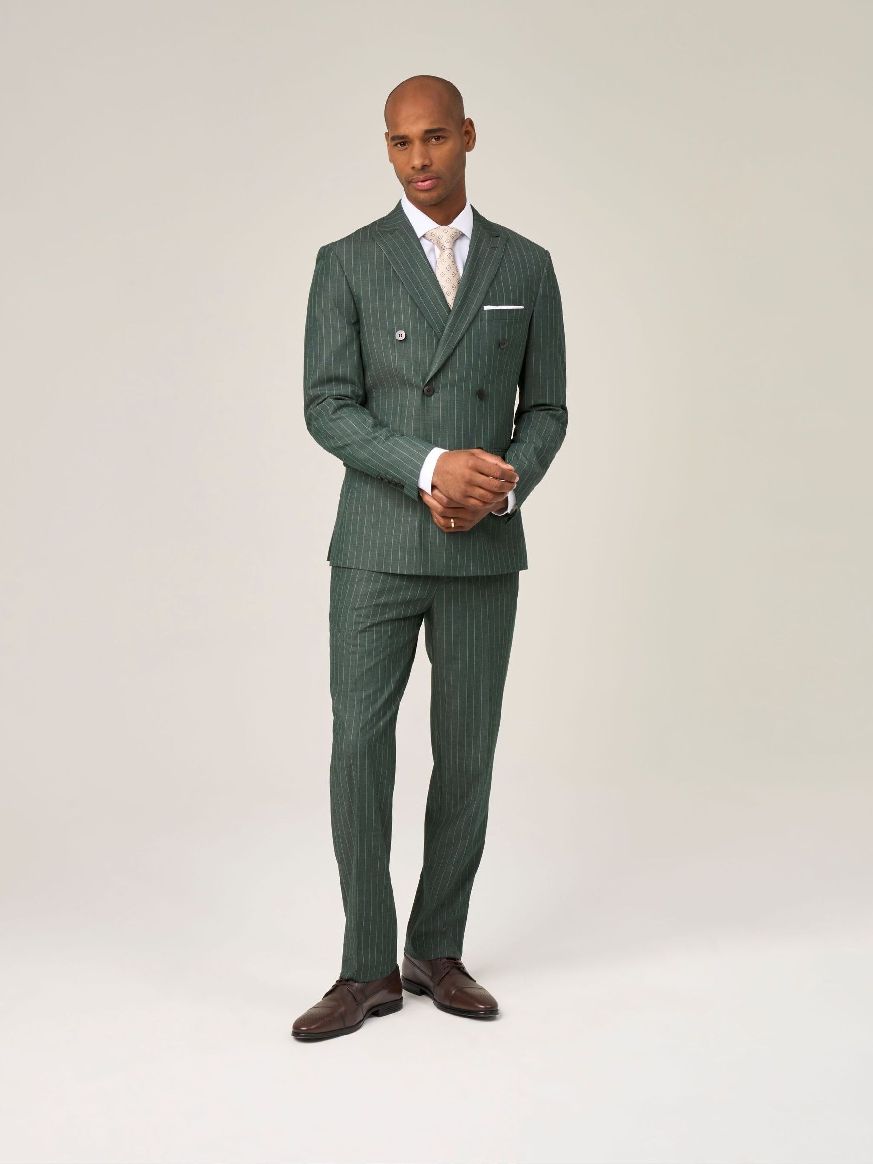 Buy Skopes Green Double Breasted Levins Tailored Fit Stripe Suit