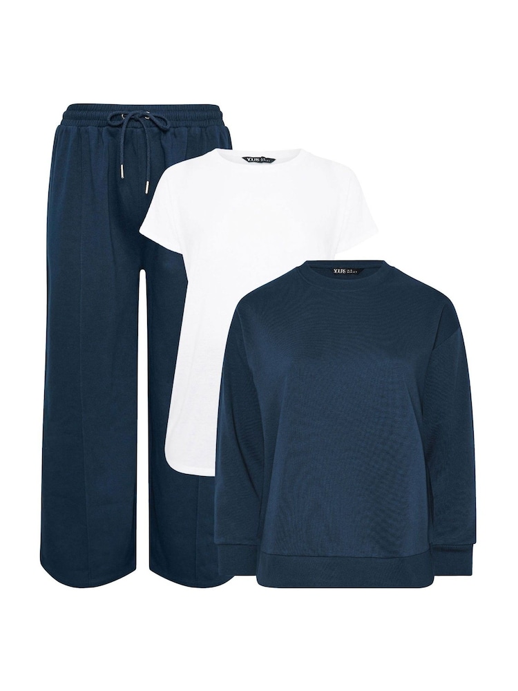 Yours Curve Blue Joggers Sweatshirt & T-Shirt Set 2 Pack - Image 1 of 7 Yours Curve Blue Joggers Sweatshirt & T-Shirt Set 2 Pack - Image 1 of 7