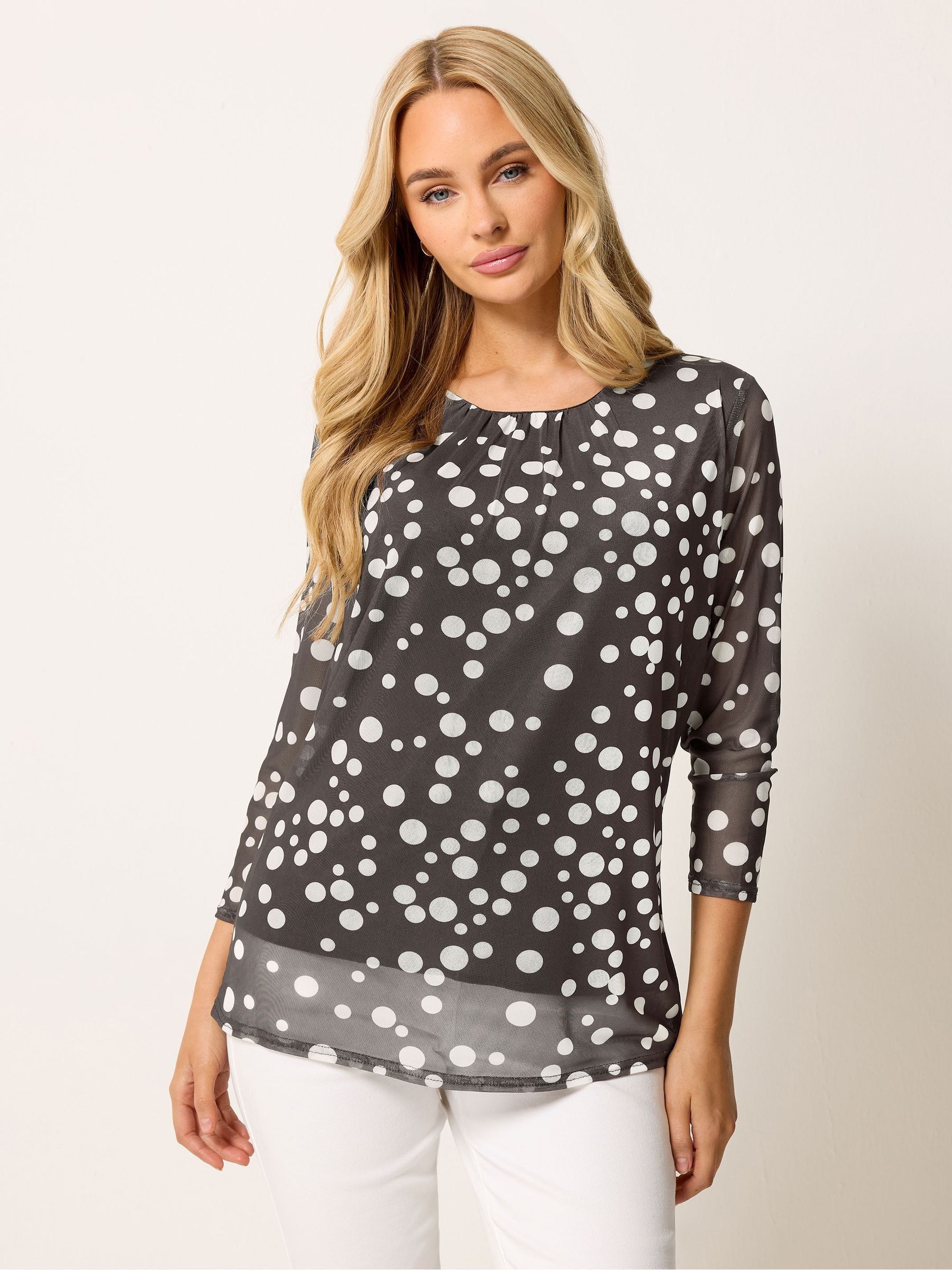 M & Co Women's Brown 3/4 Sleeve Crew Neck Mesh Top