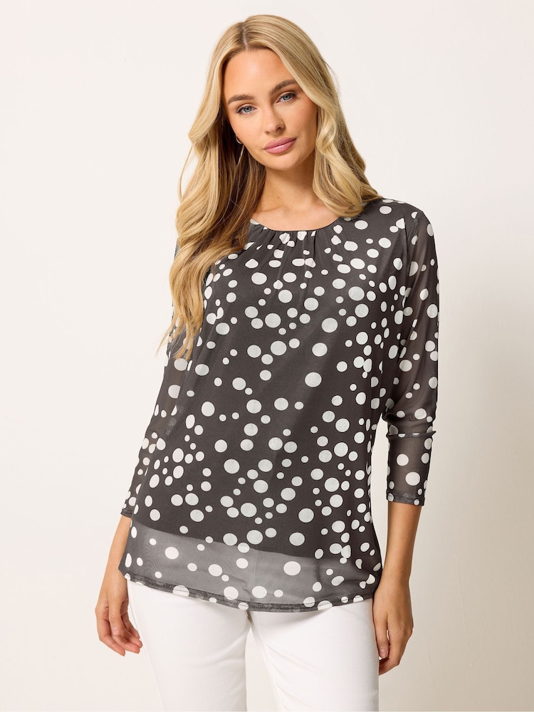 M&Co Brown 3/4 Sleeve Crew Neck Mesh Top - Image 1 of 5