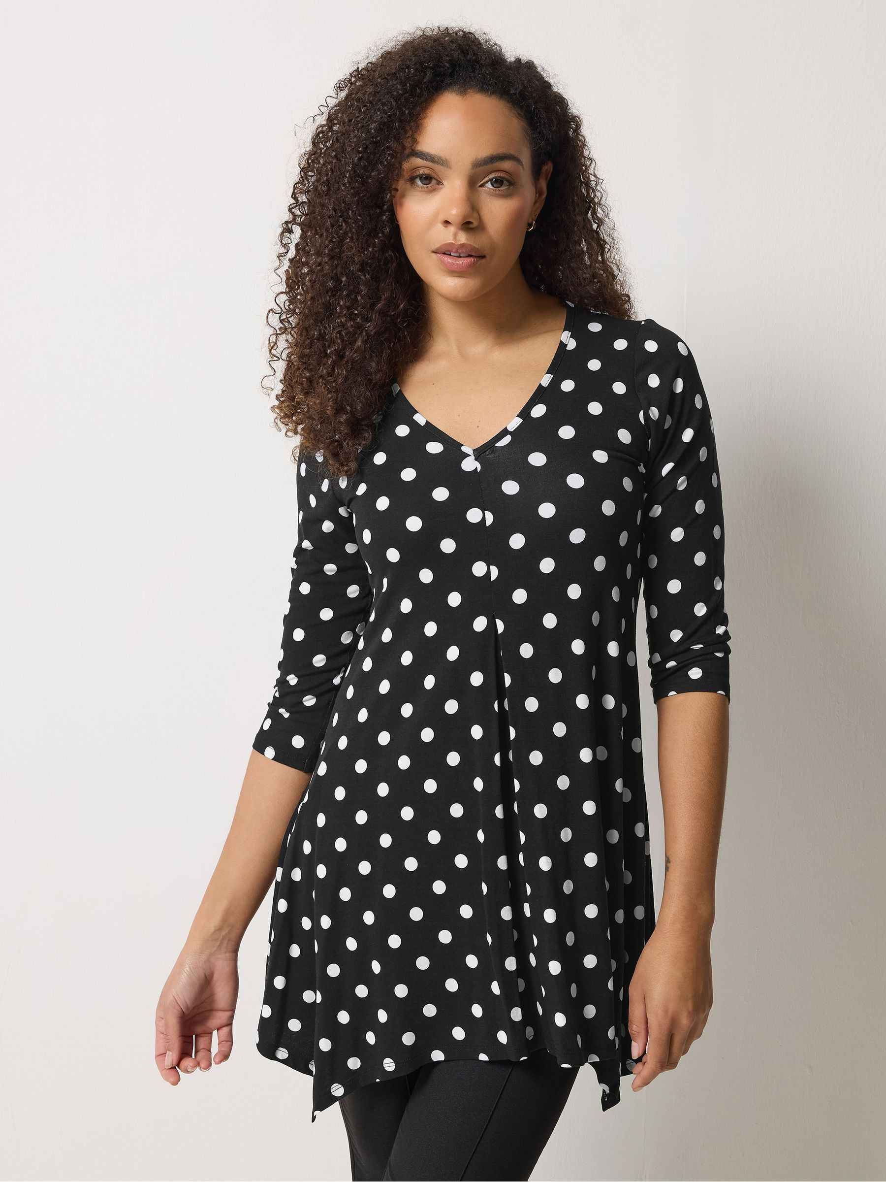 M & Co Women's Black Polka Dot Hanky Hem Top