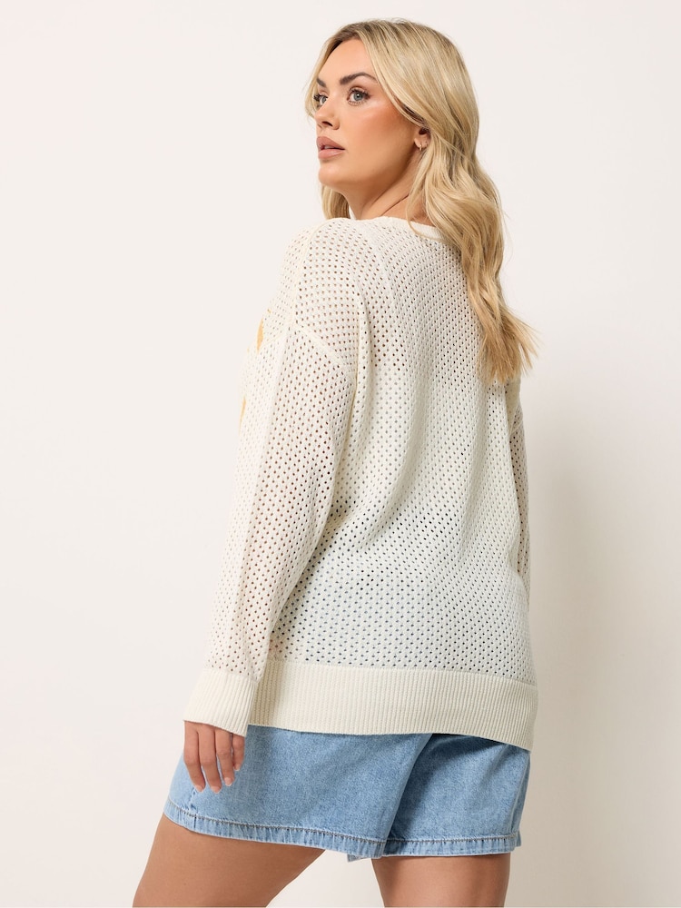 Yours Curve Cream Conversational Pointelle Lemon Cardigan - Image 2 of 5