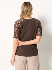 Long Tall Sally Brown Crochet Raglan Sleeve T-Shirt - Image 3 of 5