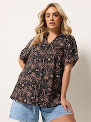 Yours Curve Black Burnt Palms Grown On Boxy Shirt - Image 1 of 4