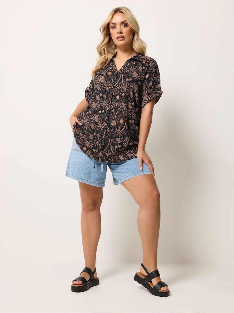 Yours Curve Black Burnt Palms Grown On Boxy Shirt - Image 2 of 4 Yours Curve Black Burnt Palms Grown On Boxy Shirt - Image 2 of 4