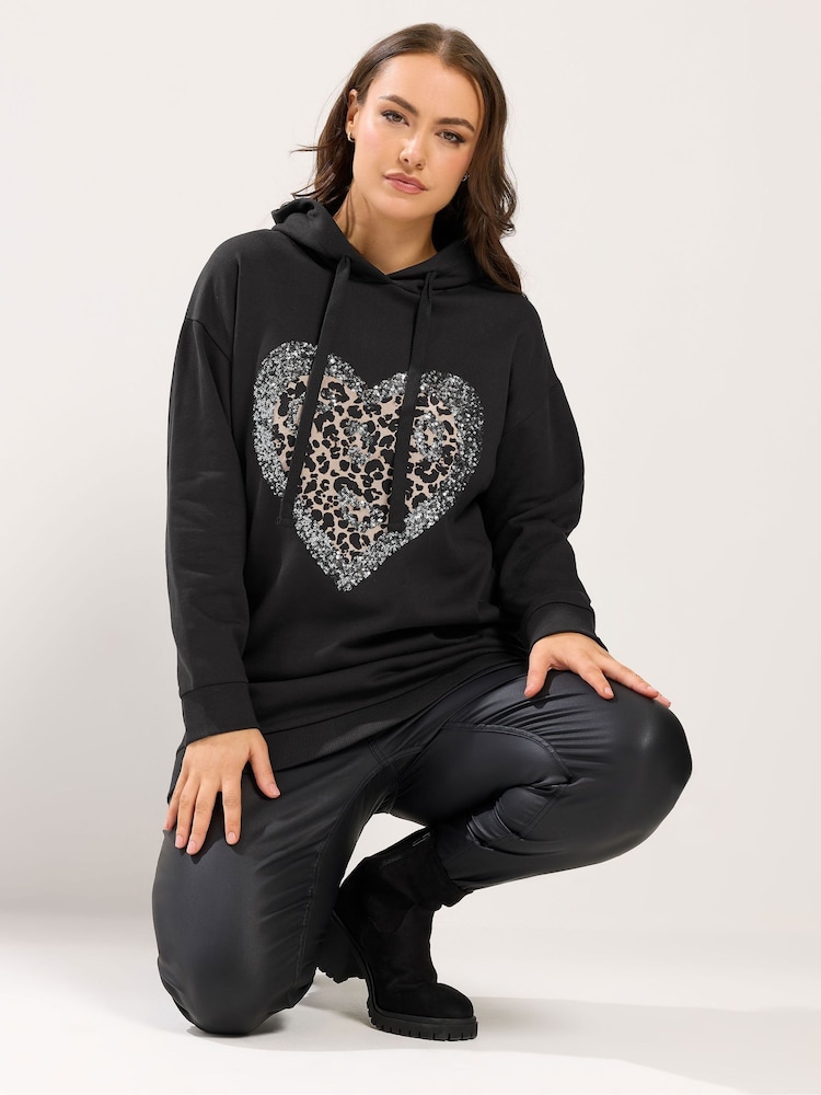 Yours Curve Black Leopard Heart Sequin Hoodie - Image 1 of 5 Yours Curve Black Leopard Heart Sequin Hoodie - Image 1 of 5